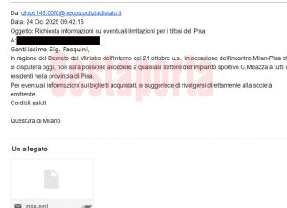 La Questura di Milano conferma che nessun residente a Pisa poteva andare a San Siro in tutti i settori (la Pec ufficiale)