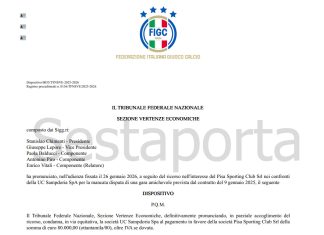 La Sampdoria deve risarcire il Pisa di 80 mila euro per mancata disputa di amichevole come da accordi prestito per Beruatto